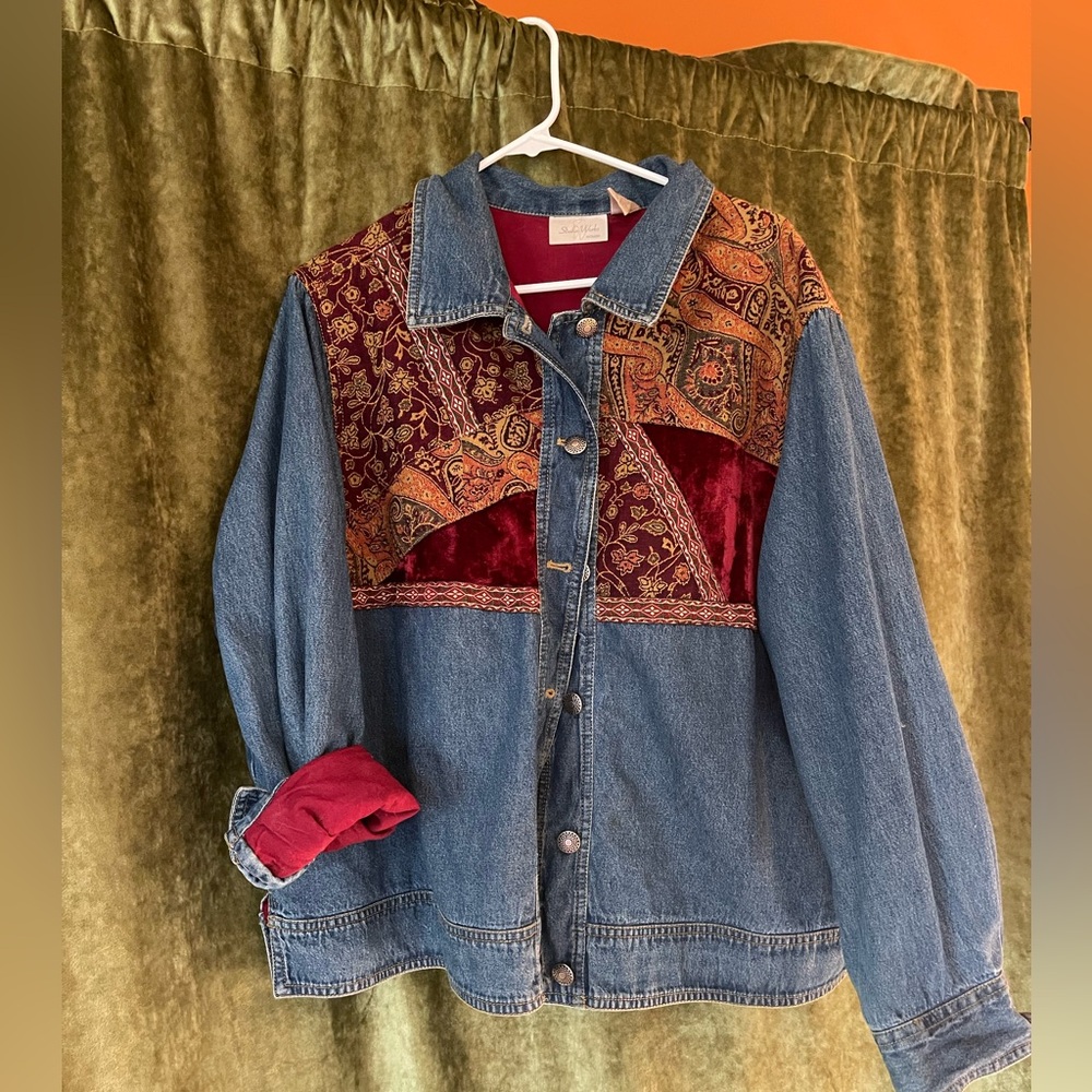 Retro Vintage Studio Works Women Jacket Tapestry Patchwork Denim Button Up
